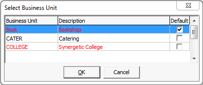 Select Business Unit window (highlighted existing stocktake)