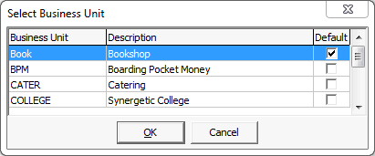 Select Business Unit window (initial, sales)