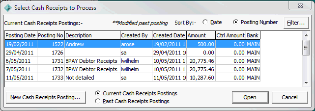 Select Cash Receipts to Process window