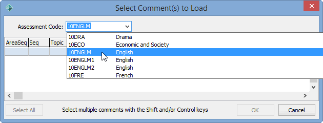 Select Comment(s) to Load window (Assessment Code field)