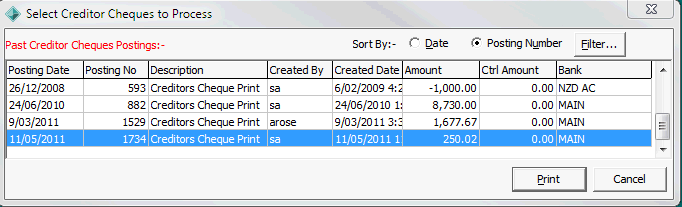 Select Creditor Cheques to Process window