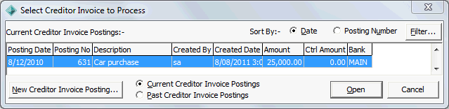 Select Creditor Invoice to Process window