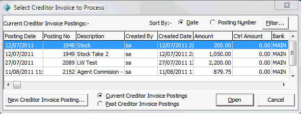 Select Creditor Invoice to Process window