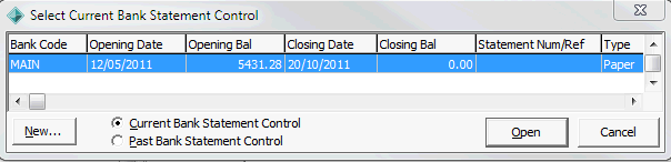Select Current Bank Statement Control window