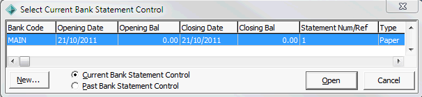 Select Current Bank Statement Control window
