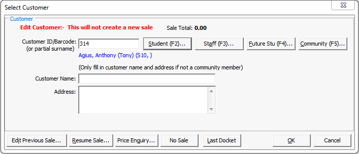 Select Customer window