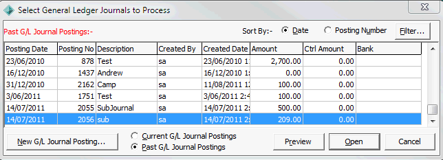 Select general ledger journals to process (past journals)