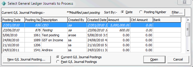 Select General Ledger Journals to Process window