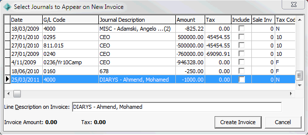 Select Journals to Appear on New Invoice window