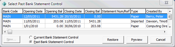 Select Past Bank Statement Control window