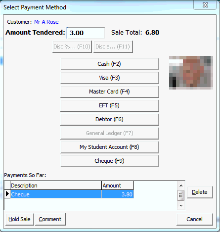 Select Payment Method window (allocated)