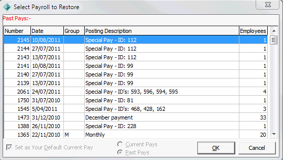 Select Payroll to Restore window