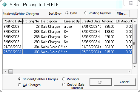 Select Posting to Delete window