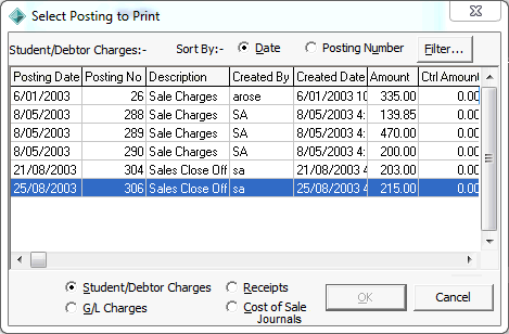 Select Posting to Print window