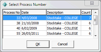 Select Process Number (closed off stocktakes)