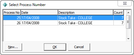 Select Process Number (item stocktake)