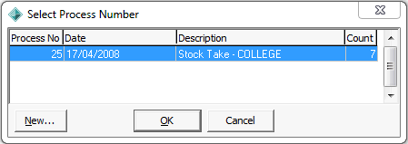 select process number (item stocktake, new or different stocktake)