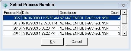 Select Process Number window