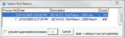 Select Roll Return window