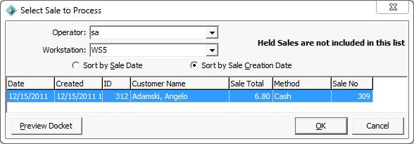 Select Sale to Process window