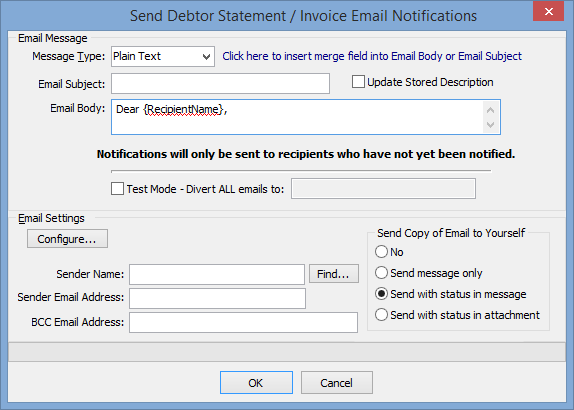 Send Debtor Statement Invoice Email Notifications window