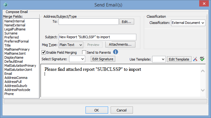 Send Email(s) window
