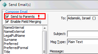 Send Email(s) window (cut down, send to parents highlighted)