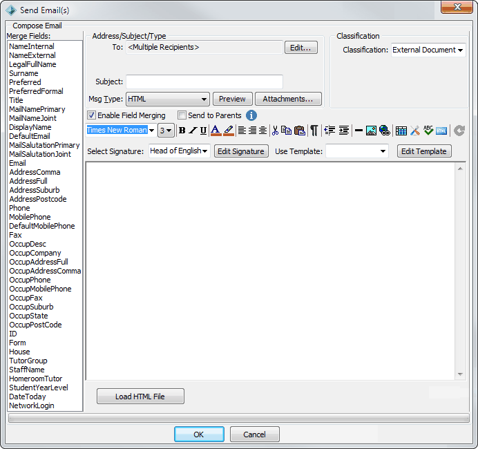 Send Email(s) window (debtors, not populated, cut down)