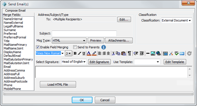 Send Email(s) window (debtors, not populated, cut down for intro topic)
