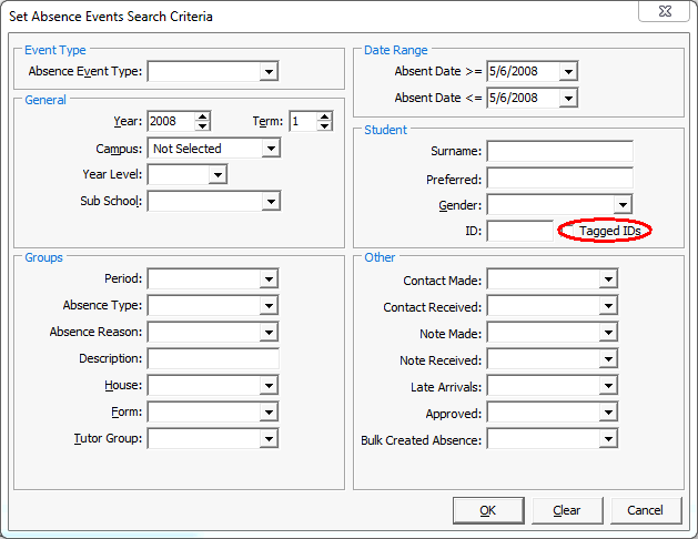 Set Absence Events Search Criteria (absence events)