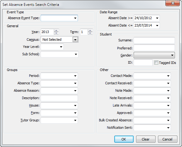 Set Absence Events search Criteria window