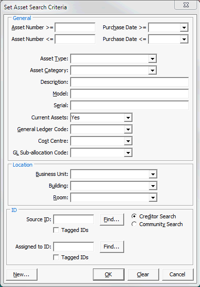 Asset Search screen
