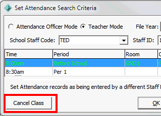 Set Attendance Search Criteria (cut down, Cancel Class highlighted)