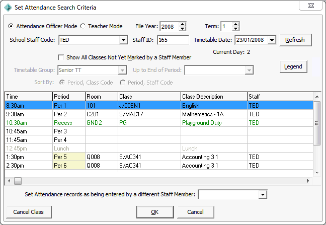 Set Attendance Search Criteria window