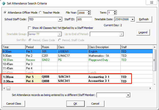 Set Attendance Search Criteria (multi-period example after attendance)