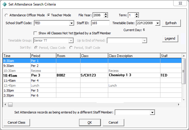 Set Attendance Search Criteria window