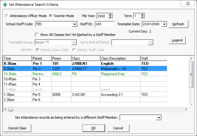 Set Attendance Search Criteria - recording class attendances (2)