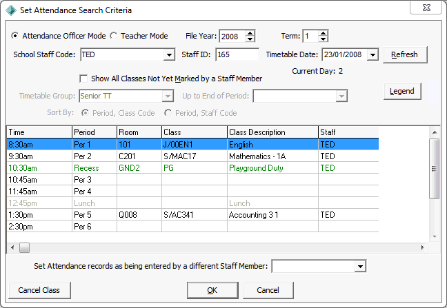 Set Attendance Search Criteria - recording class attendances
