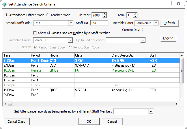 Set Attendance Set Search Criteria (marked rolls)