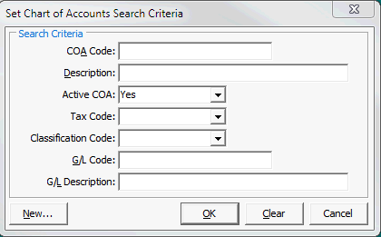 Set Chart of Accounts Search Criteria window