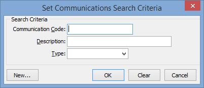 Set Communications Search Criteria window