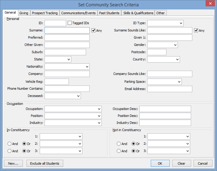 Set Community Search Criteria window