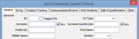 Set Community Search Criteria window (after renaming fields)