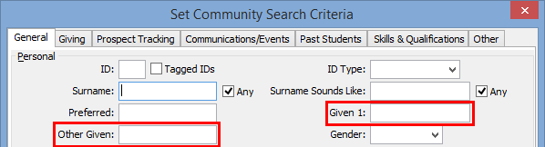 Set Community Search Criteria window (before renaming fields)