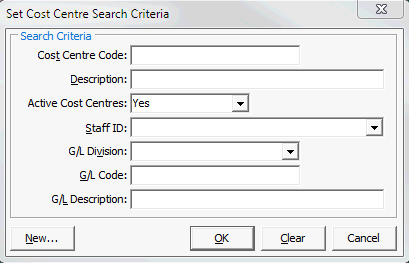 Set Cost Centre Search Criteria