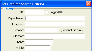 Set Creditor Search Criteria (cut down, top half)