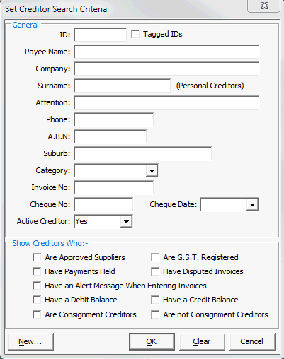 Set Creditor Search Criteria window