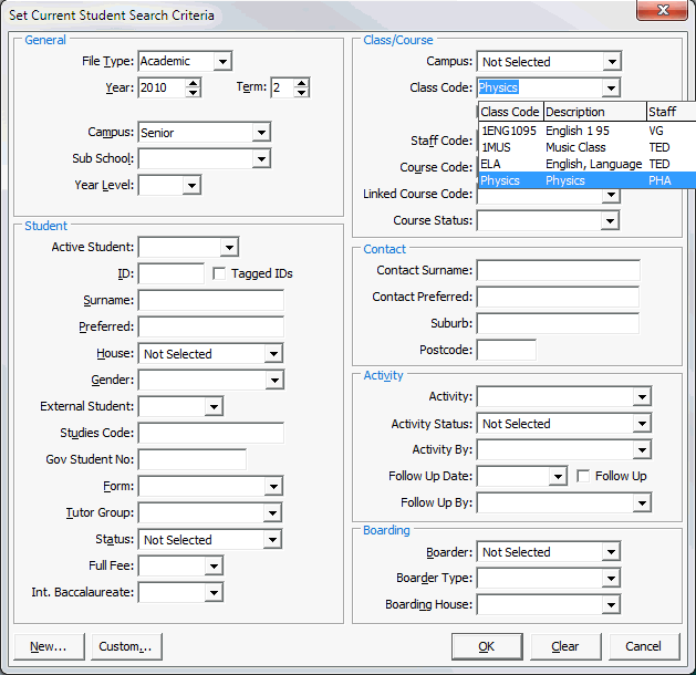 Set Current Student Search Criteria window