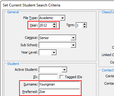 Set Current Student Search Criteria window (cut down)