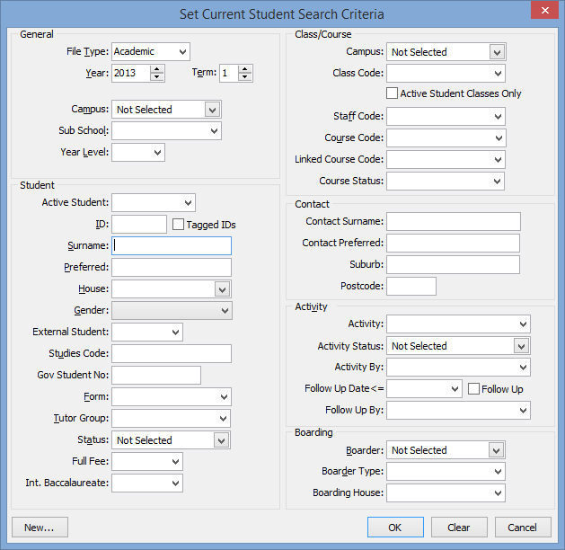 Set Current Search Criteria window